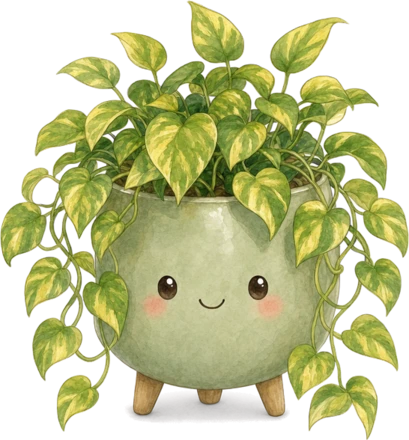 A trailing pothos in a sage-green pot, smiling