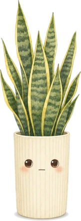 A snake plant in a cream pot, smiling