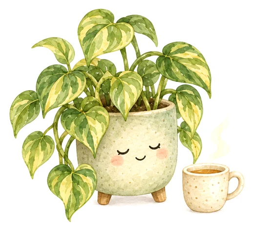 A plant dozing happily beside a cup of tea